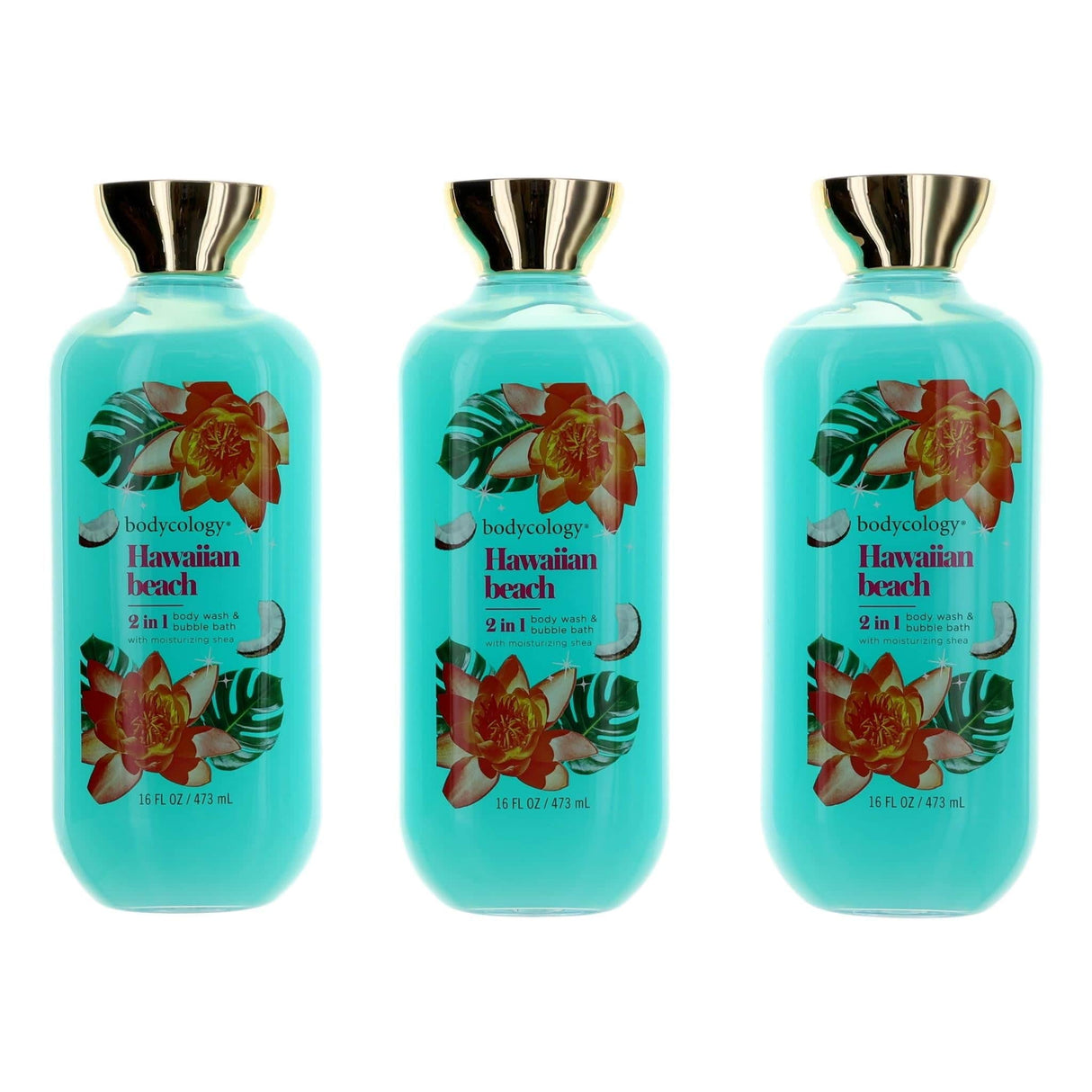 Hawaiian Beach by Bodycology, 3 Pack 16oz 2 in 1 Body Wash & Bubble Bath women - OleBella